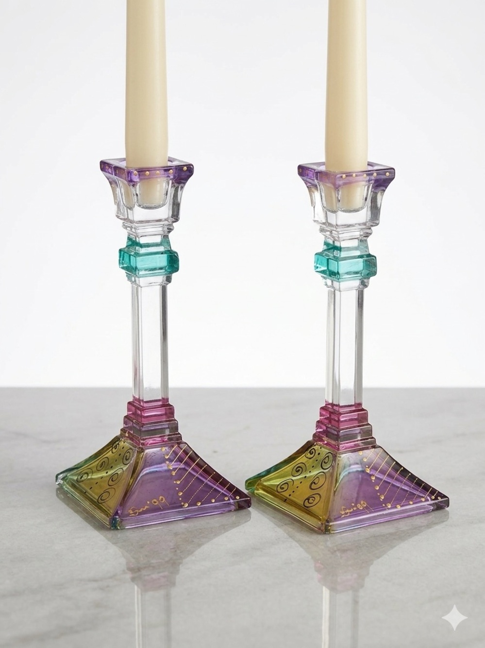 2 Vintage 1999 Signed Hand-Painted Multicolor Crystal Candle Holders 8”x3.5”